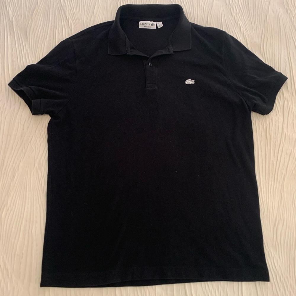 Lacoste Black Pique Regular Fit Polo w/ white crocodile logo, size XL
